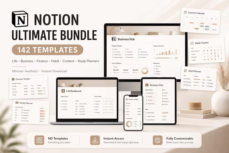 142 Notion Templates Ultimate Bundle