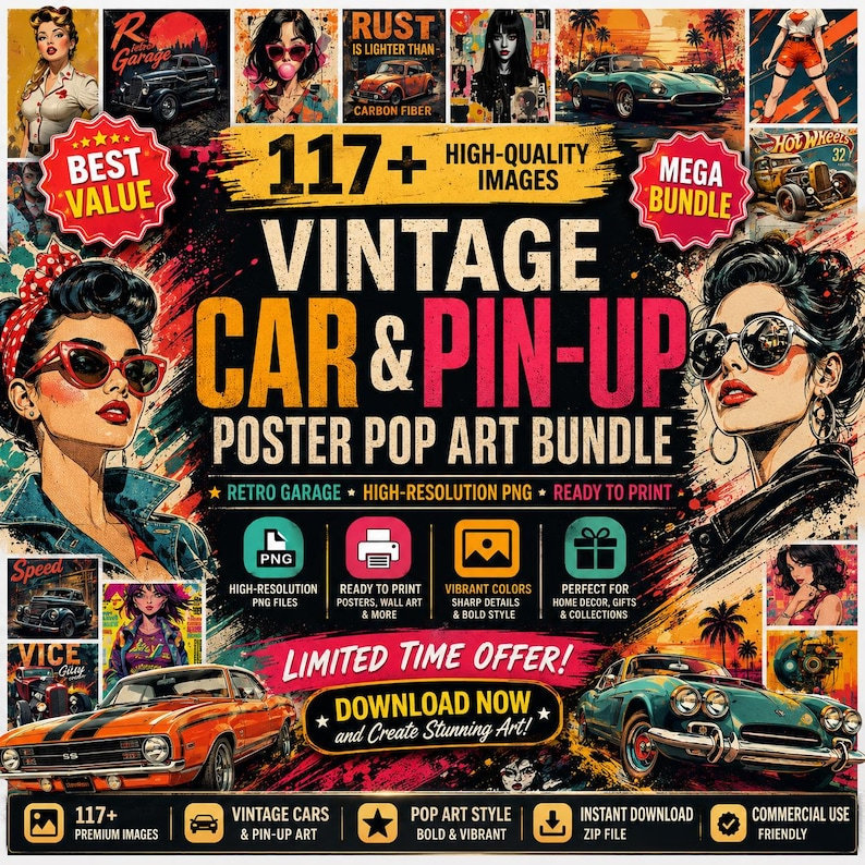 Vintage Car Pin-Up Poster Art Bundle